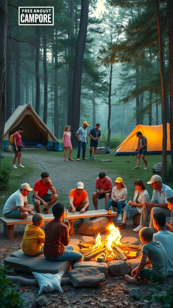 Group of people enjoying activities around a campfire in a campsite.