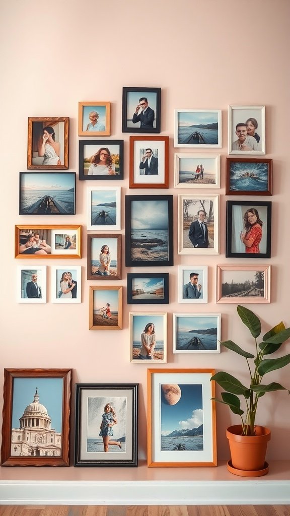 A collage of framed photographs on a pink wall, showcasing various portraits and landscapes, accompanied by a potted plant.