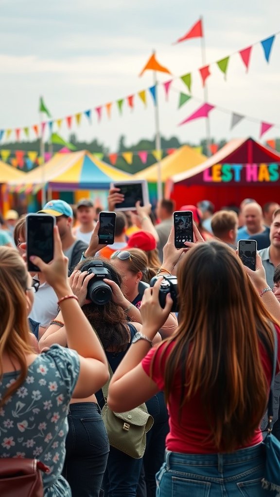 Crowd of people taking photos at a festival with colorful tents in the background.