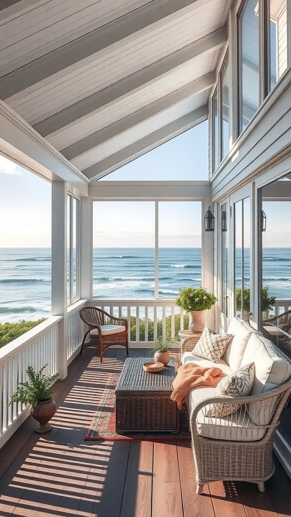 Cozy Cape Cod porch with ocean view, featuring wicker furniture and plenty of natural light.