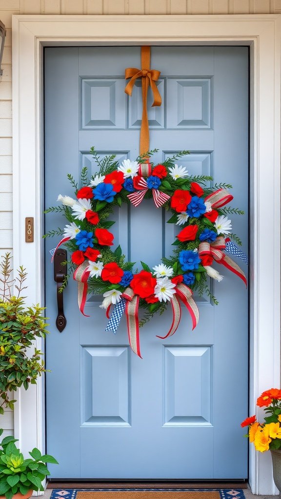 A colorful 4th of July wreath featuring red, white, and blue flowers with ribbons, hanging on a blue door.