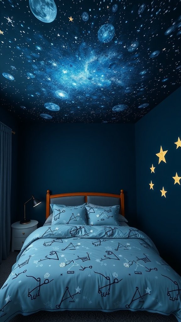 A dark nature aesthetic bedroom with a starry ceiling, blue walls, and cozy bedding.