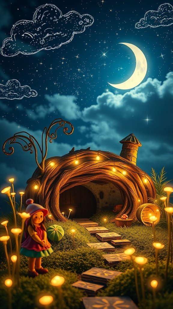 A whimsical fairy garden scene with a cottage, glowing lights, and a starry night sky.
