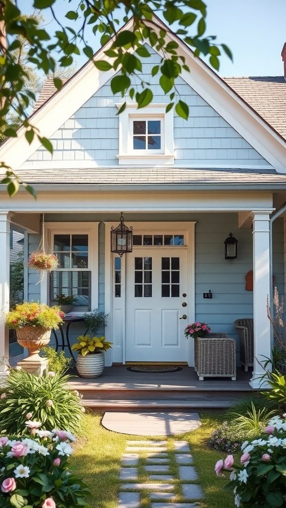 A charming Cape Cod house with a light blue exterior and welcoming porch adorned with flowers.