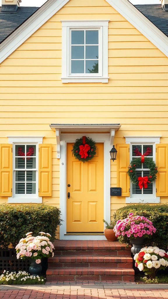 A charming yellow Cape Cod house with festive wreaths on the windows and a bright yellow door.