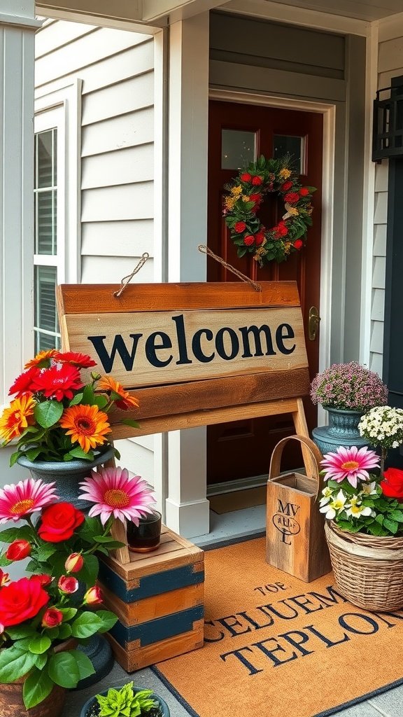 A welcoming front porch with a wooden sign, colorful flowers, and a wreath on the door.