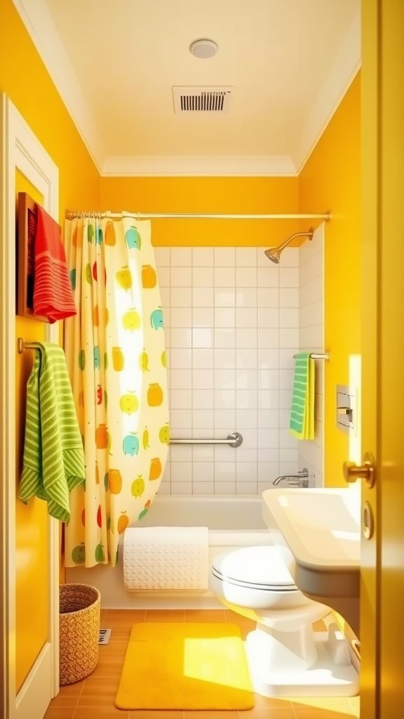 Bright yellow bathroom with colorful shower curtain and towels