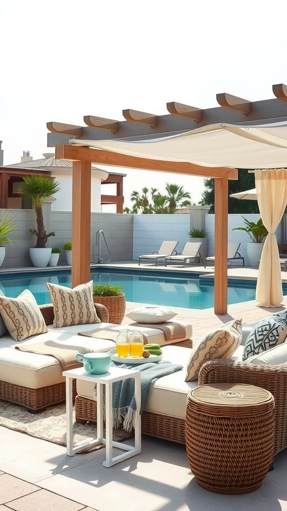 A cozy poolside lounge area featuring comfortable sofas, decorative pillows, and a small table beside a swimming pool.