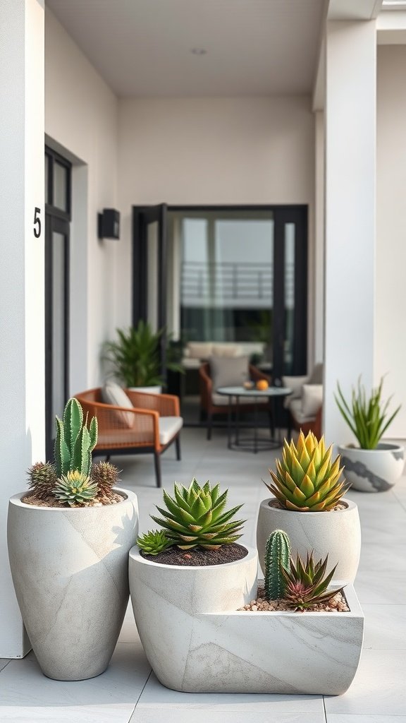 A collection of modern concrete planters on a front porch with various succulent plants.