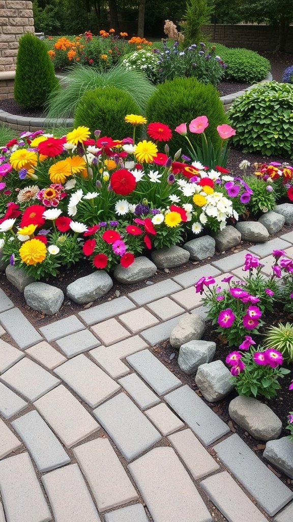 A colorful flower bed bordered by stylish paver stones, showcasing vibrant flowers and decorative landscaping.