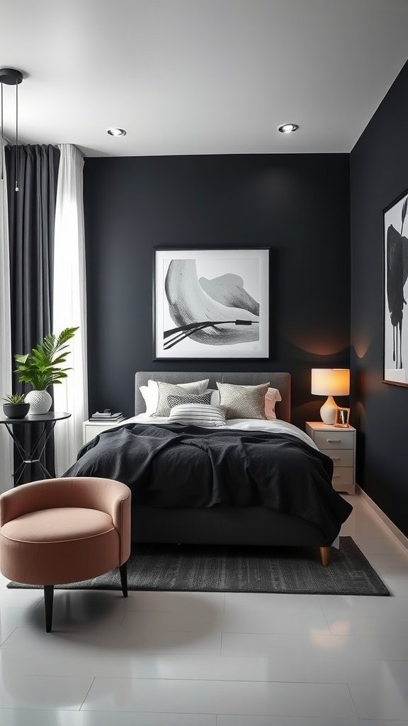 A modern small bedroom with black walls, stylish furniture, and decorative elements.