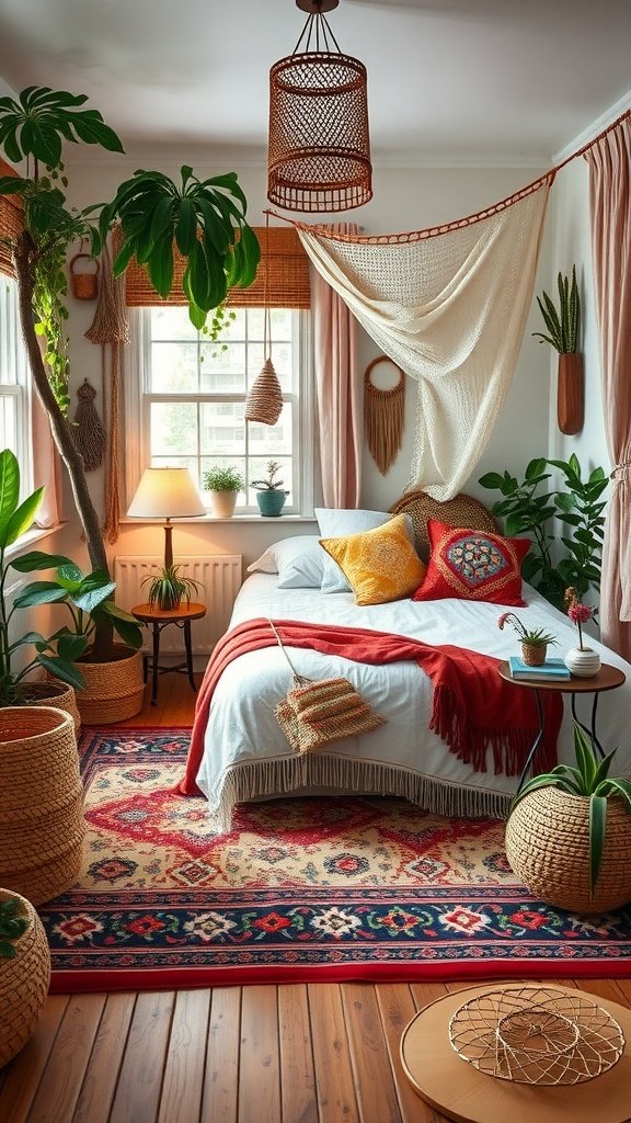 A cozy guest bedroom with Bohemian decor featuring plants, colorful pillows, and woven elements.