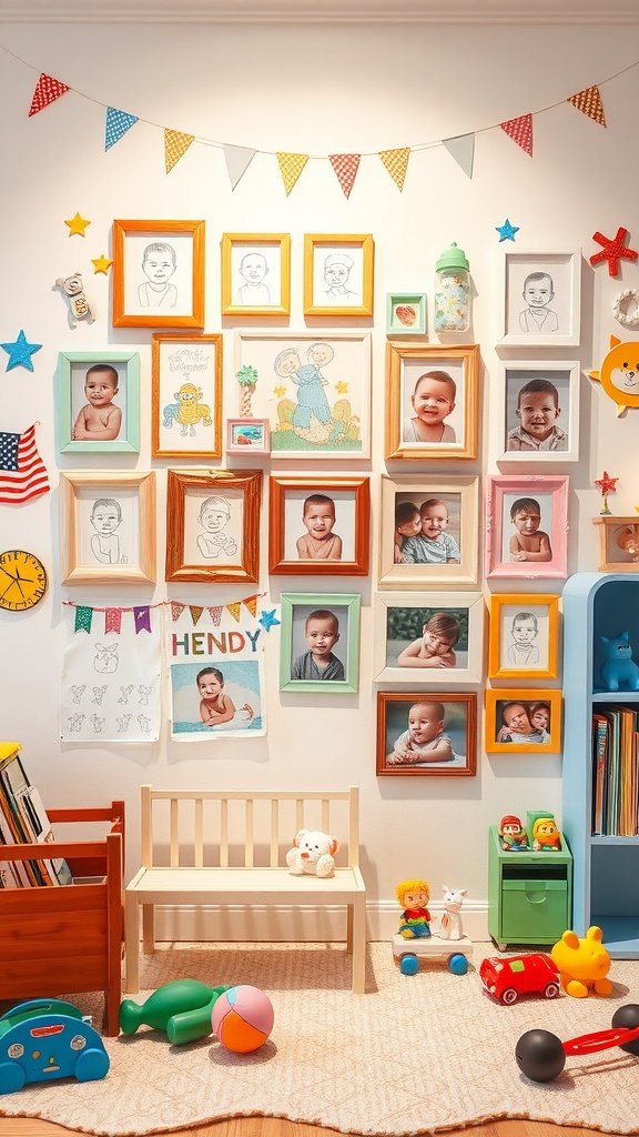 A colorful photo wall displaying childhood pictures and drawings, featuring bright frames and playful decorations.