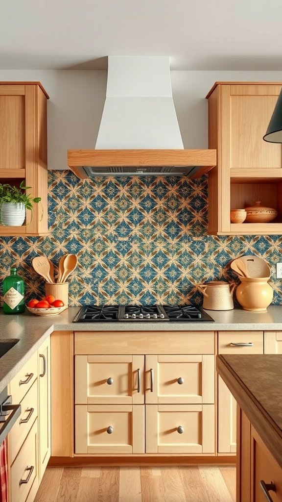 A Boho kitchen featuring a bold, patterned backsplash with intricate designs in blue and gold tones.