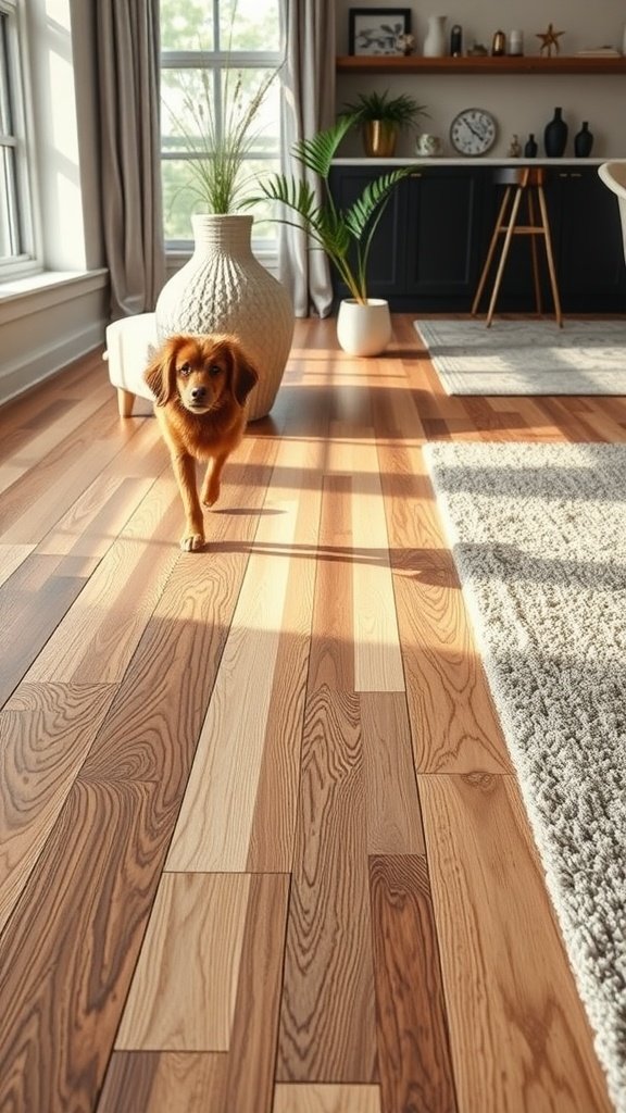 A cozy living space with wooden flooring, a dog walking on the floor, and a stylish decor.