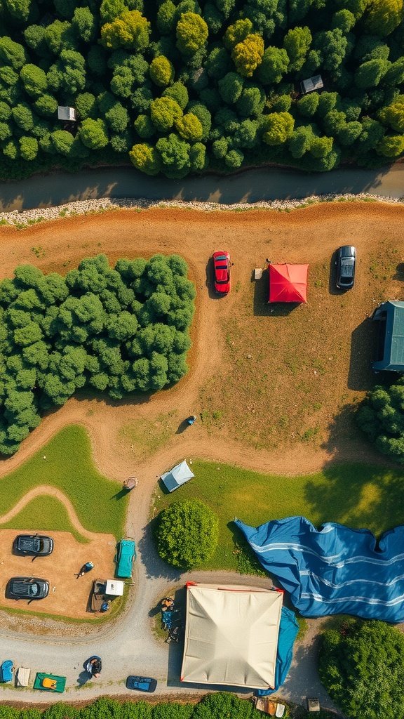 Aerial view of a campsite with tents, cars, and greenery.