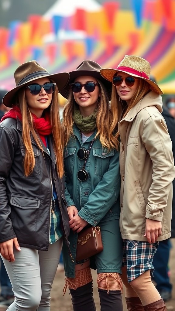Three friends wearing hats and sunglasses, dressed in casual festival attire, ready for a camping setup.