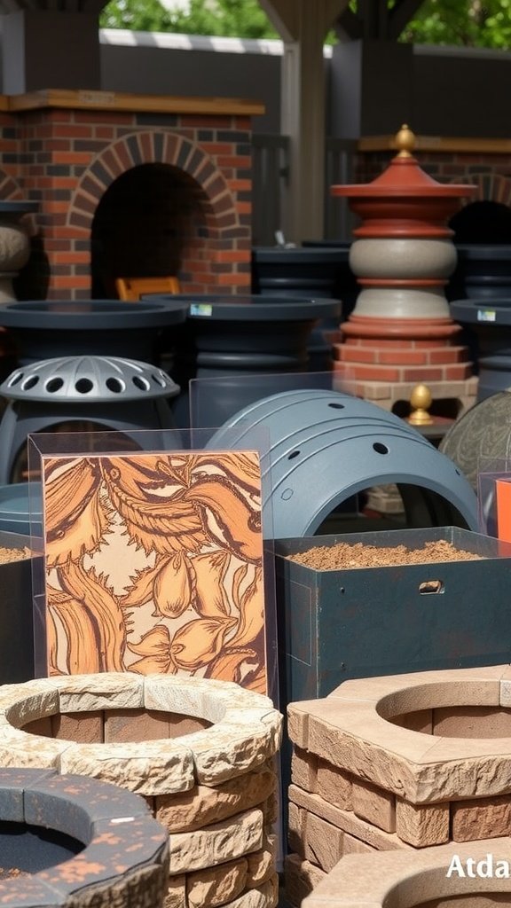 Various fire pits made from different materials displayed in a garden center