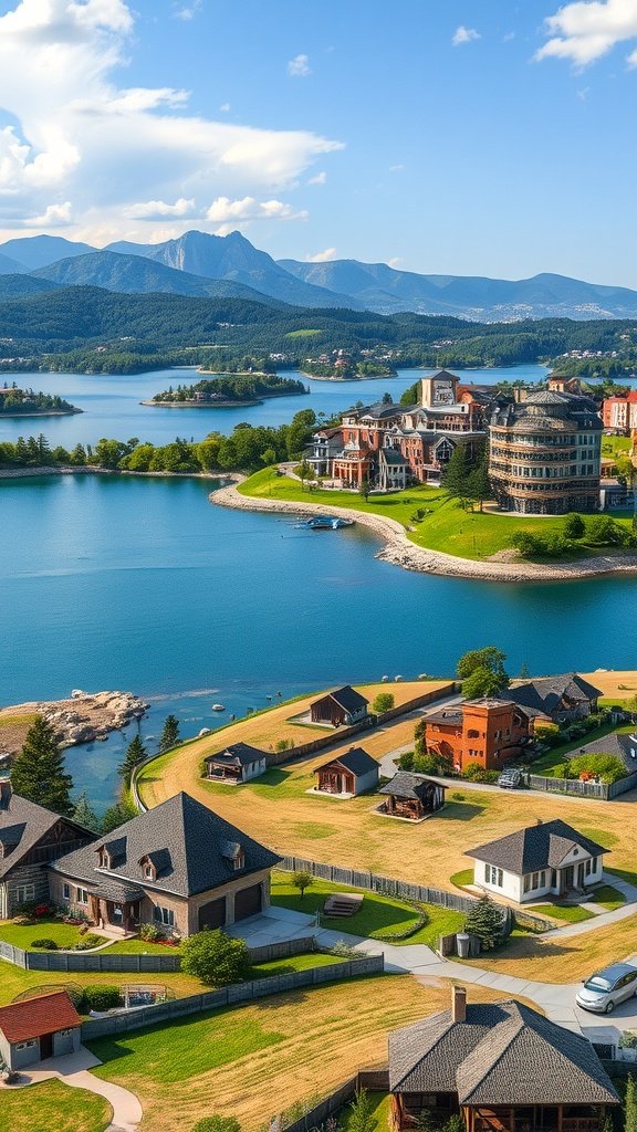 A scenic view of houses by a lake with mountains in the background.