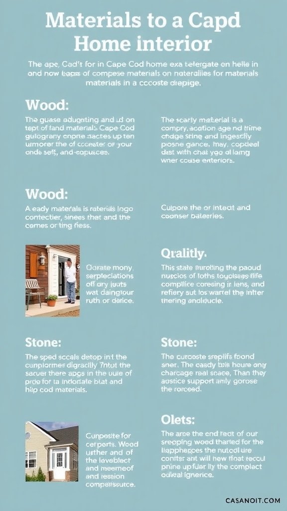 An infographic showing materials suitable for Cape Cod house interiors, focusing on wood, stone, quality, and olets.