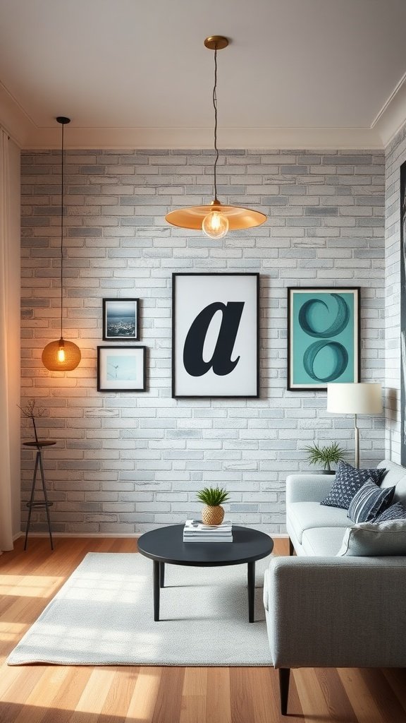 Stylish living room featuring a light cinder block accent wall, modern furniture, and warm lighting