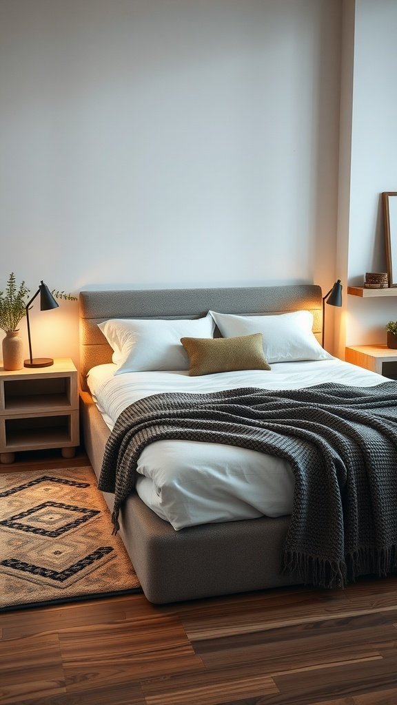A cozy bedroom featuring a cinder block bed with soft bedding and warm lighting.