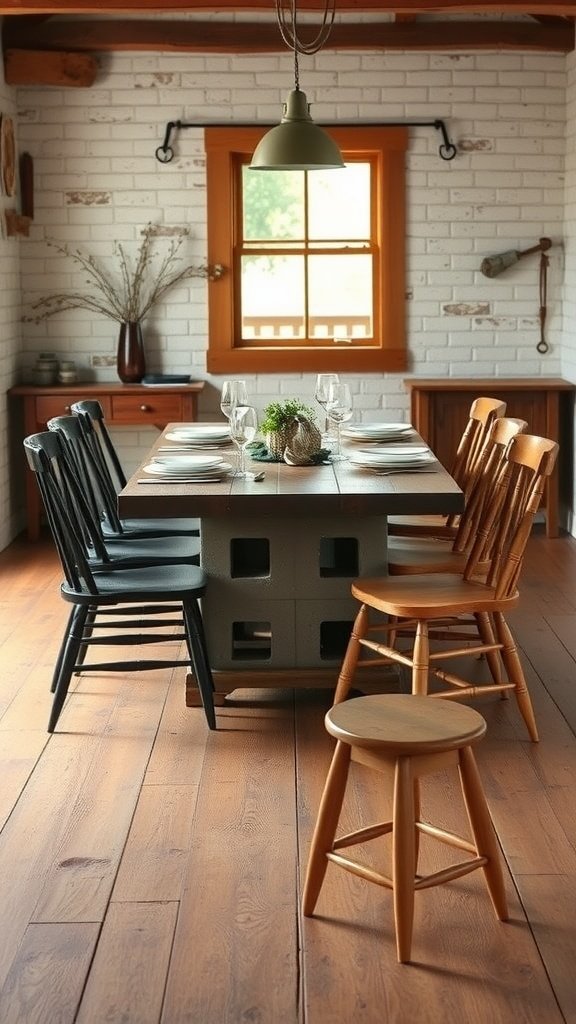 A dining area featuring a cinder block table with black and wooden chairs, set for a meal.