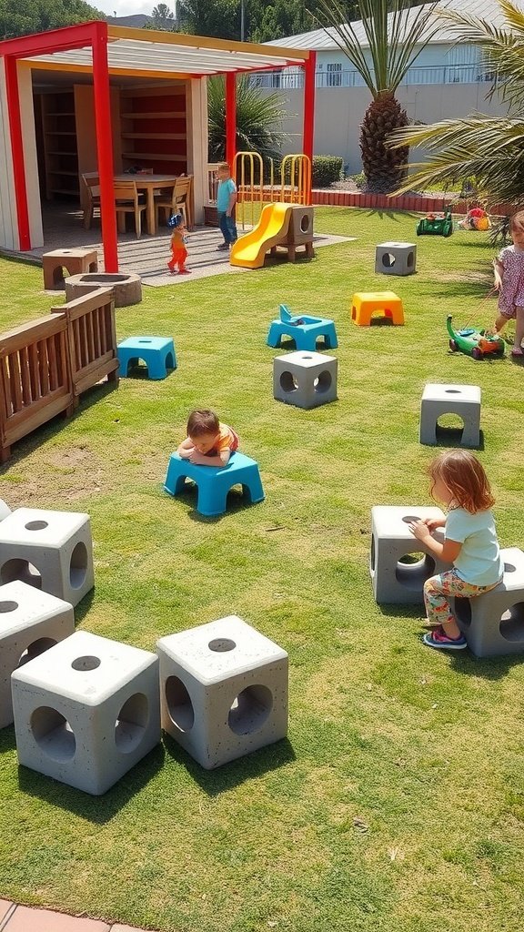 Children playing in a colorful outdoor play area with cinder block furniture.