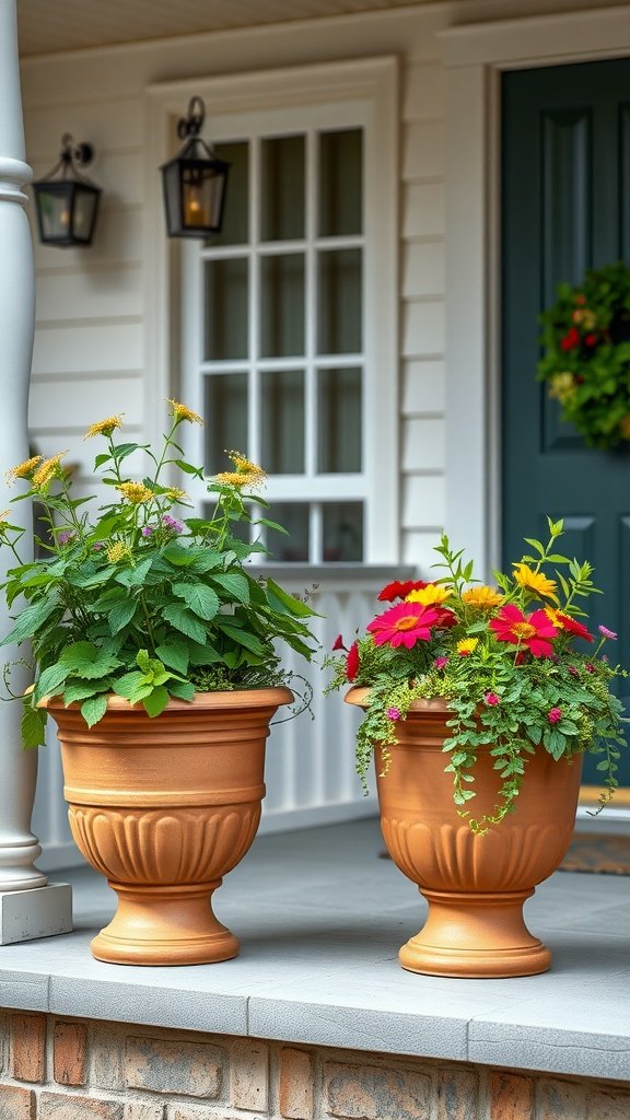 Two terracotta planters on a porch filled with colorful flowers, adding charm to the entrance.