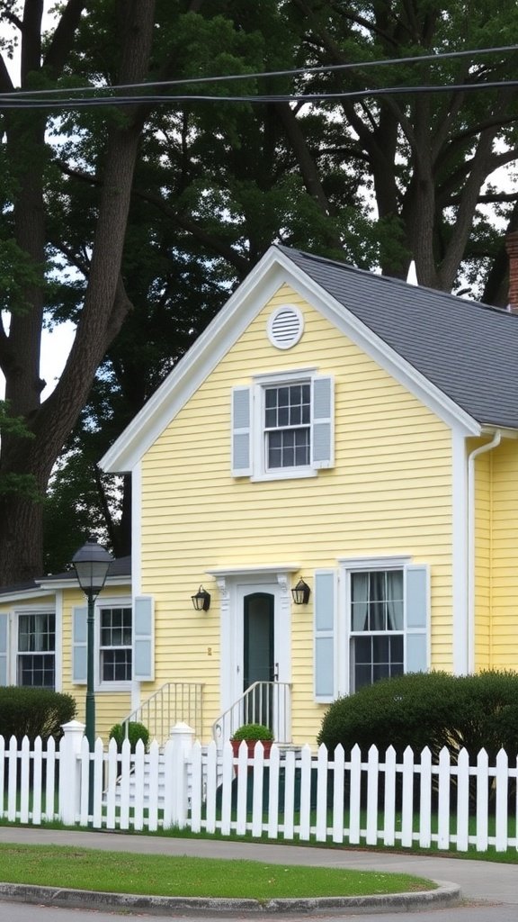 A charming yellow Cape Cod house with blue shutters, white picket fence, and surrounded by greenery.