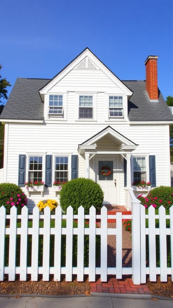 Traditional Cape Cod house with white exterior, gable roof, and colorful flowers