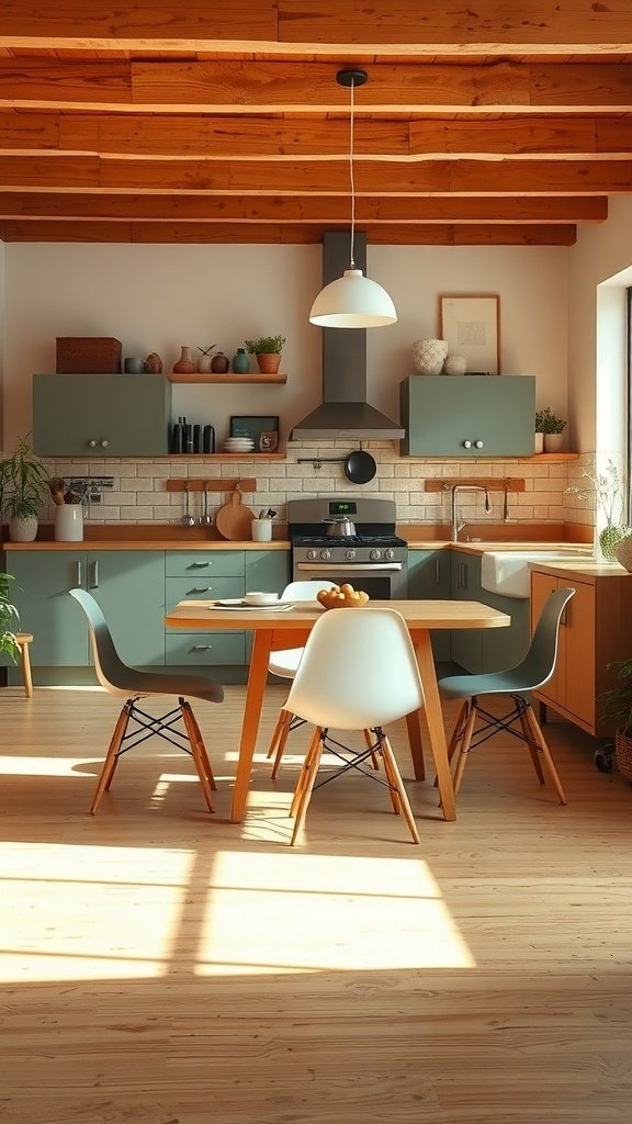 A mid-century modern kitchen featuring wooden beams, green cabinets, and a wooden table with Eames-style chairs.