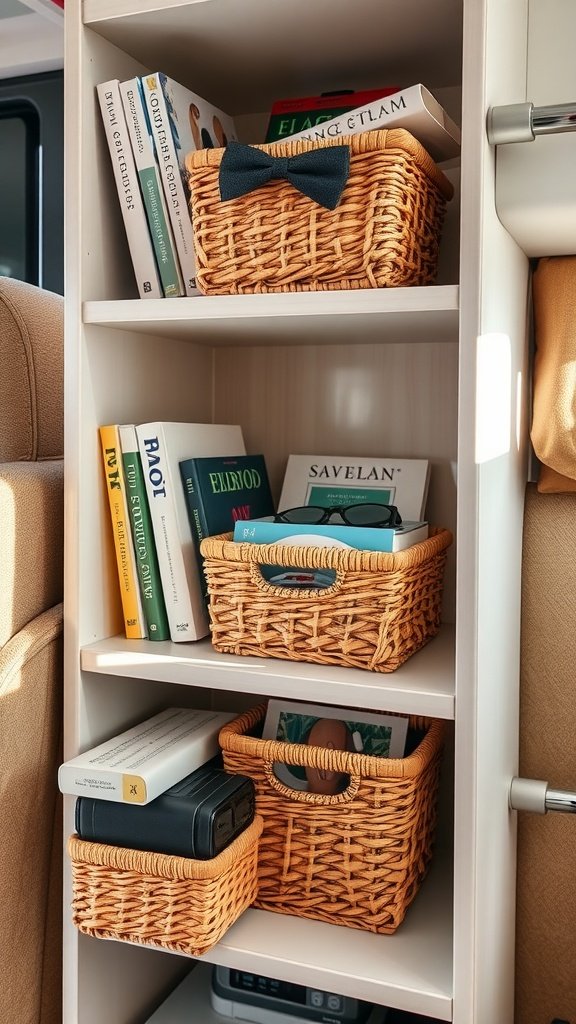 Shelves inside an RV displaying neatly arranged wicker baskets and books.