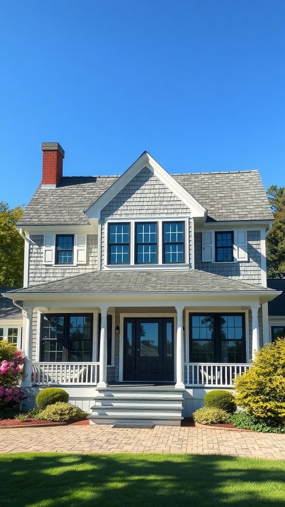 A luxury Cape Cod house with shingle-style exterior, featuring large windows, a dark front door, lush landscaping, and a wraparound porch.