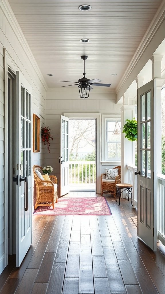 A bright and inviting porch with wicker chairs, a red rug, and open doors leading to the outdoors.