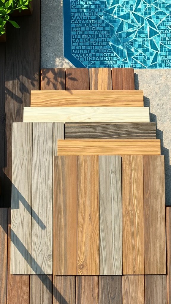 A selection of various decking materials in different colors arranged beside a swimming pool.