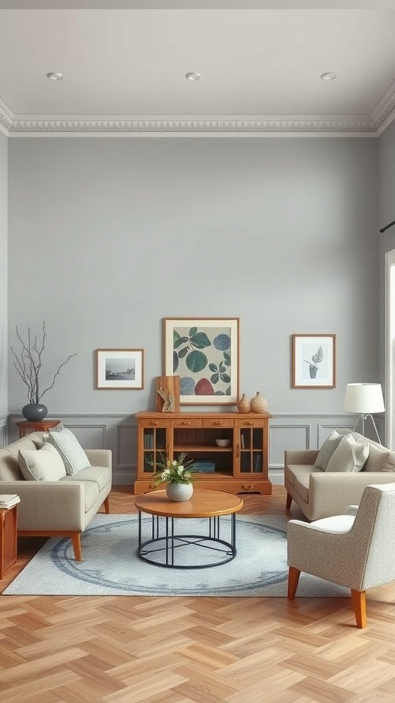 Cozy living room with light gray walls, soft beige sofas, and wooden furniture.
