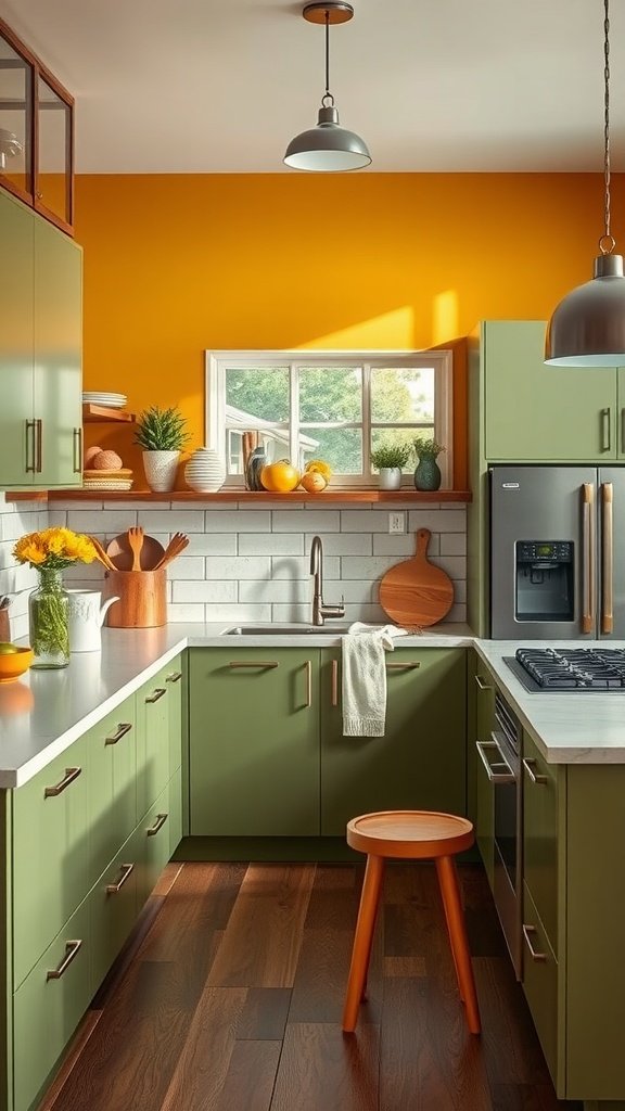 A mid-century modern kitchen with orange walls and green cabinets.