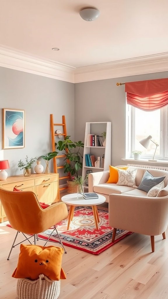 A cozy living room with gray walls, orange accents, and a mix of furniture styles, showcasing a vibrant and inviting atmosphere.