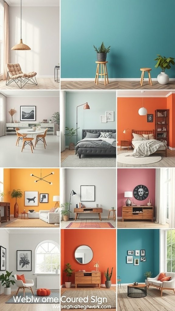 A collage of interior spaces showcasing various color schemes, including neutral tones, pastels, and vibrant colors.
