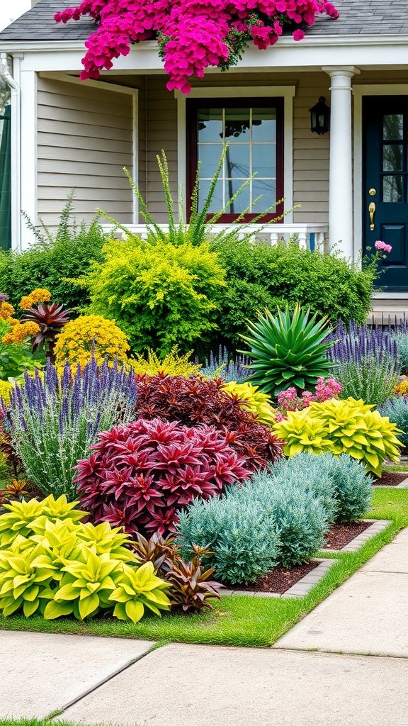 Colorful front yard landscaping with various plants and flowers.