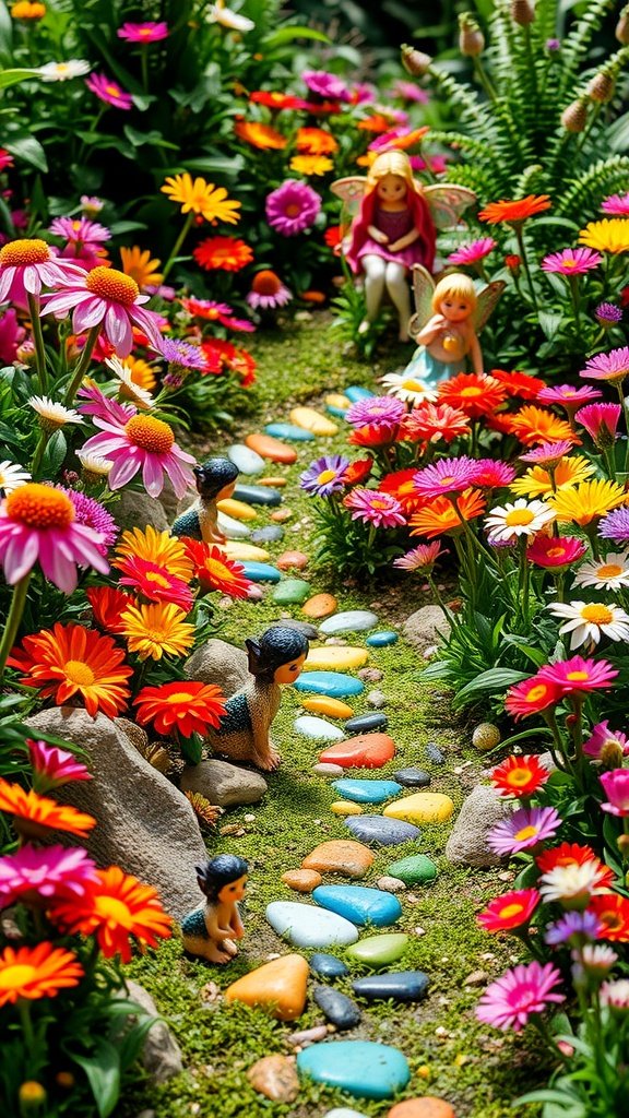 Colorful flower-focused fairy garden with a stone pathway and fairy figurines.