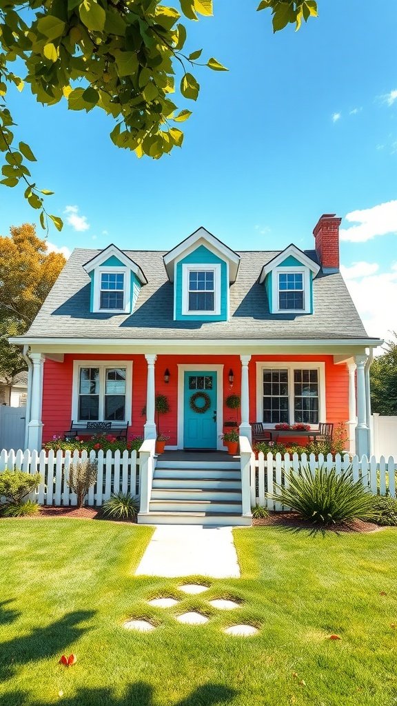 A colorful Cape Cod house with coral siding and turquoise accents
