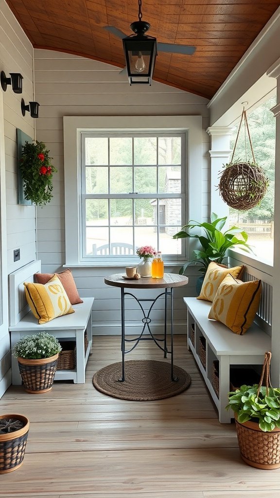 A rustic farmhouse front porch featuring cozy seating, potted plants, and a small table.