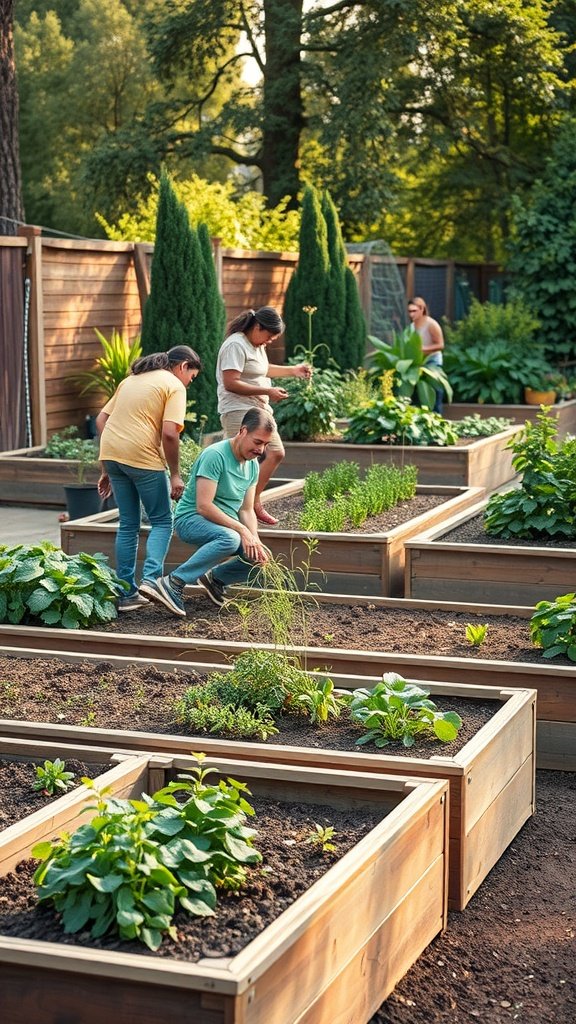 Group of people working in a community garden with raised garden beds.
