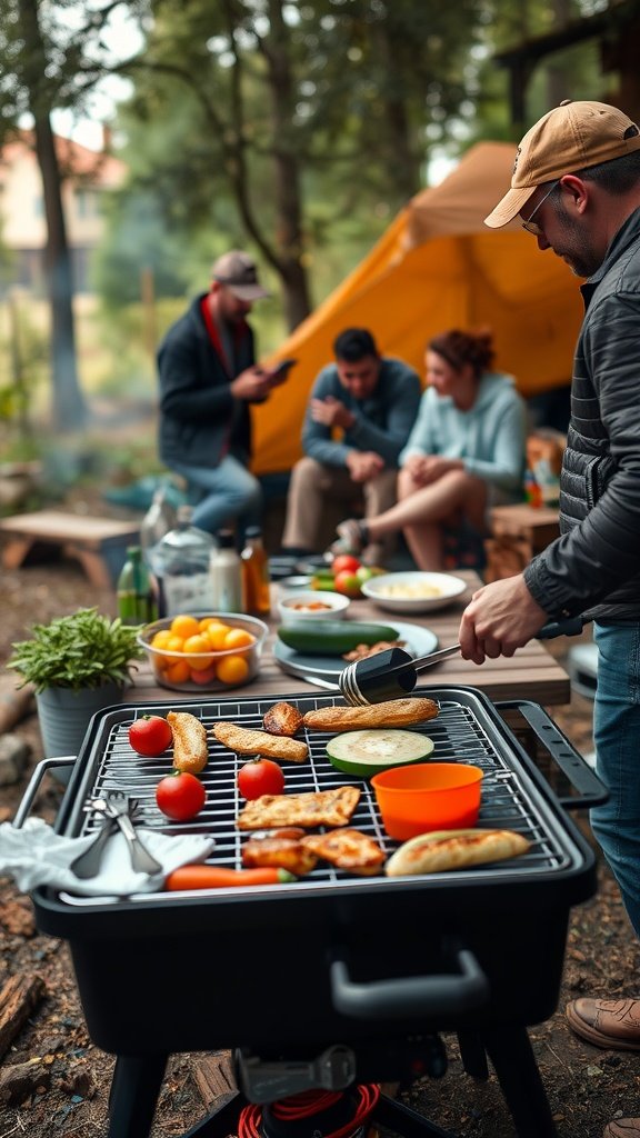 A person grilling food at a campsite with friends enjoying their time.