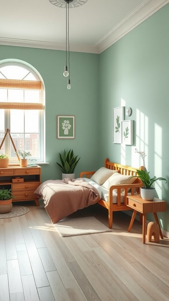 A small bedroom with light green walls, wooden furniture, and plants, creating a calming atmosphere.