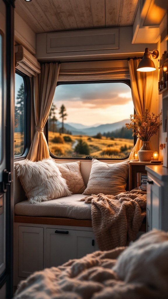 Cozy nook in a small camper interior with plush pillows, warm blanket, and a beautiful view outside.
