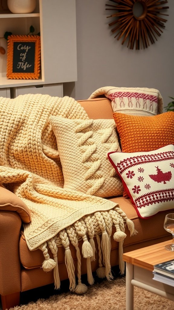 A cozy sofa with chunky knitted blanket and decorative cushions in a warm living room setting.