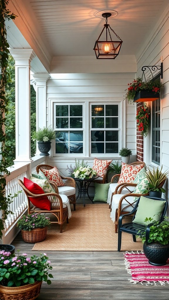 Cozy porch with textiles, plants, and a warm atmosphere